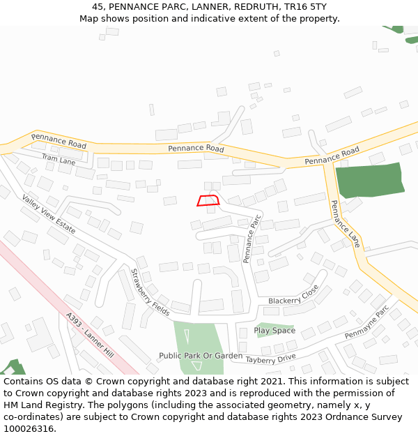 45, PENNANCE PARC, LANNER, REDRUTH, TR16 5TY: Location map and indicative extent of plot