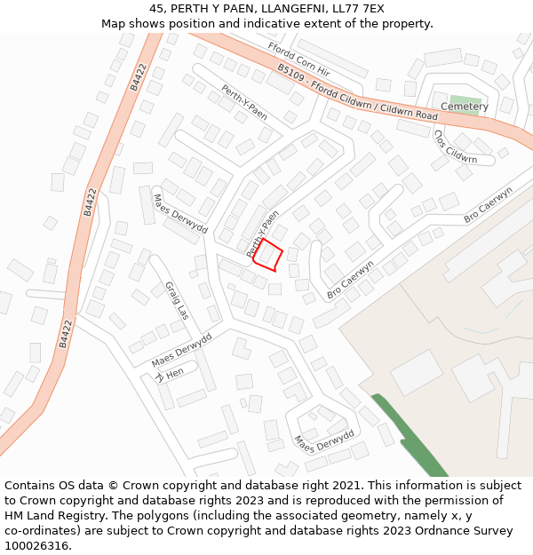 45, PERTH Y PAEN, LLANGEFNI, LL77 7EX: Location map and indicative extent of plot