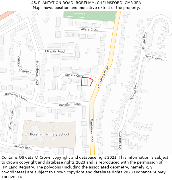 45, PLANTATION ROAD, BOREHAM, CHELMSFORD, CM3 3EA: Location map and indicative extent of plot