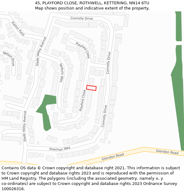45, PLAYFORD CLOSE, ROTHWELL, KETTERING, NN14 6TU: Location map and indicative extent of plot