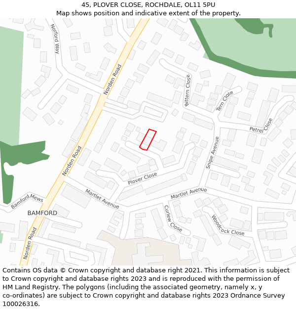 45, PLOVER CLOSE, ROCHDALE, OL11 5PU: Location map and indicative extent of plot