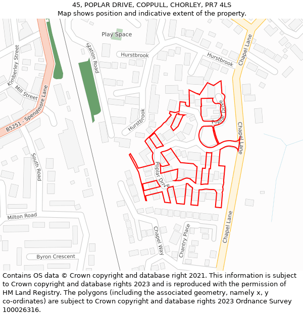 45, POPLAR DRIVE, COPPULL, CHORLEY, PR7 4LS: Location map and indicative extent of plot