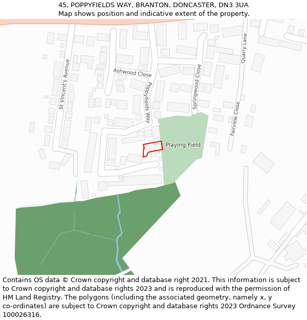 45, POPPYFIELDS WAY, BRANTON, DONCASTER, DN3 3UA: Location map and indicative extent of plot