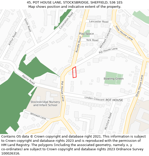 45, POT HOUSE LANE, STOCKSBRIDGE, SHEFFIELD, S36 1ES: Location map and indicative extent of plot