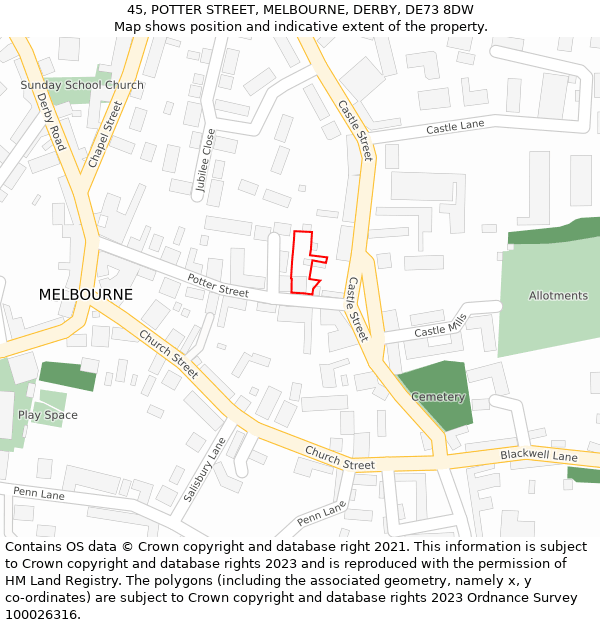 45, POTTER STREET, MELBOURNE, DERBY, DE73 8DW: Location map and indicative extent of plot