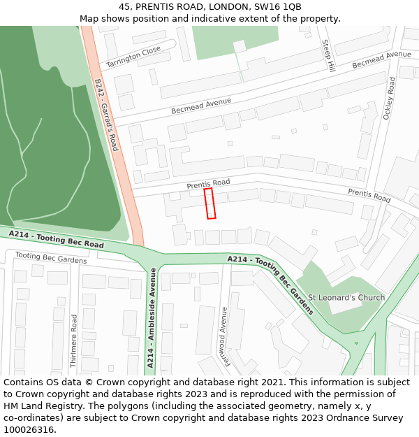45, PRENTIS ROAD, LONDON, SW16 1QB: Location map and indicative extent of plot