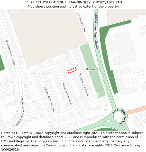 45, PRIESTHORPE AVENUE, STANNINGLEY, PUDSEY, LS28 7TG: Location map and indicative extent of plot
