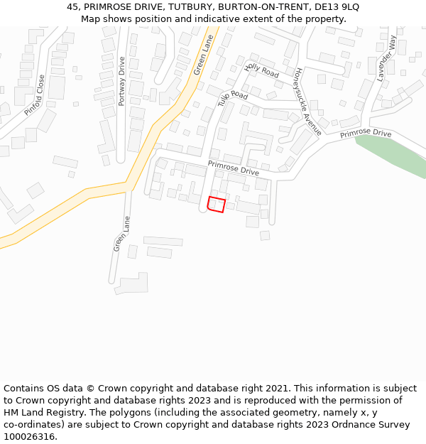 45, PRIMROSE DRIVE, TUTBURY, BURTON-ON-TRENT, DE13 9LQ: Location map and indicative extent of plot