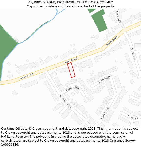 45, PRIORY ROAD, BICKNACRE, CHELMSFORD, CM3 4EY: Location map and indicative extent of plot