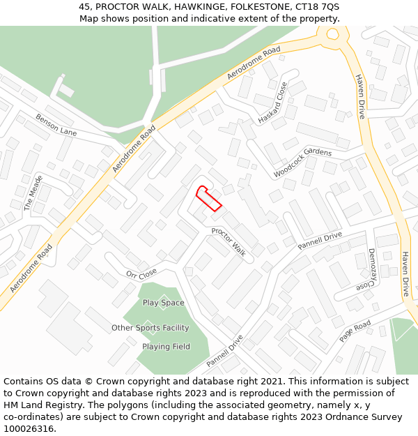 45, PROCTOR WALK, HAWKINGE, FOLKESTONE, CT18 7QS: Location map and indicative extent of plot