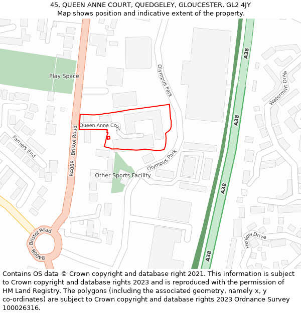 45, QUEEN ANNE COURT, QUEDGELEY, GLOUCESTER, GL2 4JY: Location map and indicative extent of plot