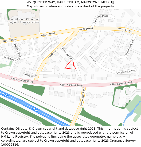 45, QUESTED WAY, HARRIETSHAM, MAIDSTONE, ME17 1JJ: Location map and indicative extent of plot