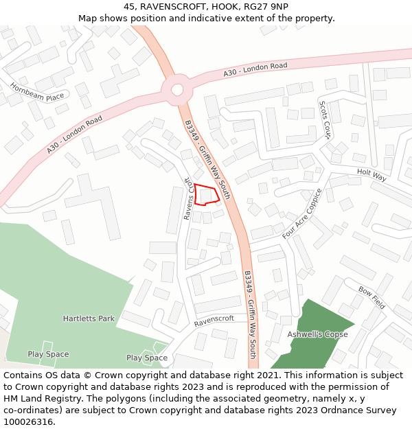 45, RAVENSCROFT, HOOK, RG27 9NP: Location map and indicative extent of plot