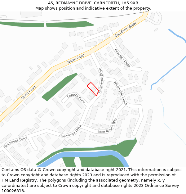 45, REDMAYNE DRIVE, CARNFORTH, LA5 9XB: Location map and indicative extent of plot