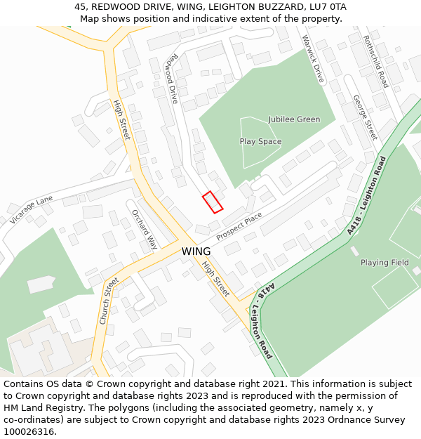 45, REDWOOD DRIVE, WING, LEIGHTON BUZZARD, LU7 0TA: Location map and indicative extent of plot