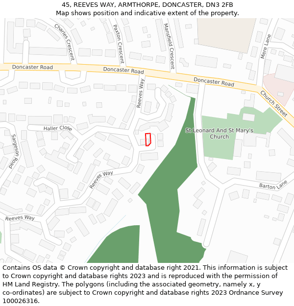 45, REEVES WAY, ARMTHORPE, DONCASTER, DN3 2FB: Location map and indicative extent of plot