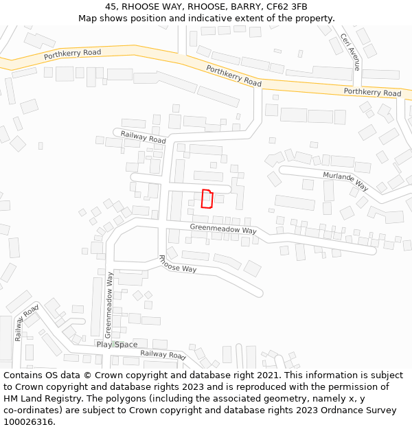 45, RHOOSE WAY, RHOOSE, BARRY, CF62 3FB: Location map and indicative extent of plot