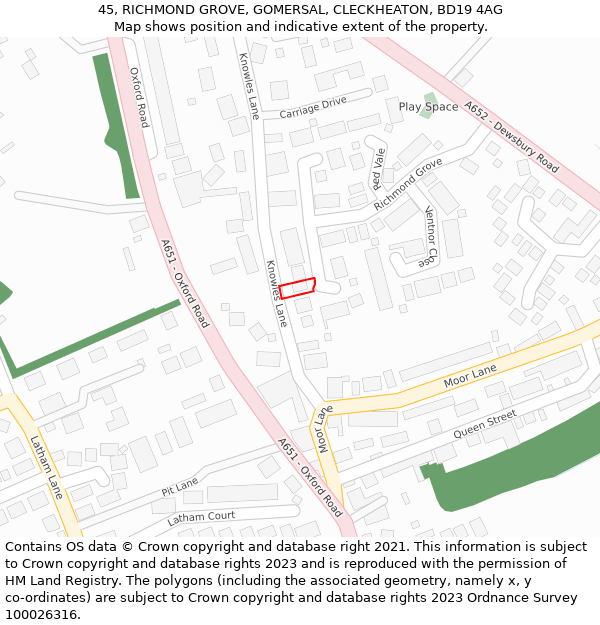 45, RICHMOND GROVE, GOMERSAL, CLECKHEATON, BD19 4AG: Location map and indicative extent of plot