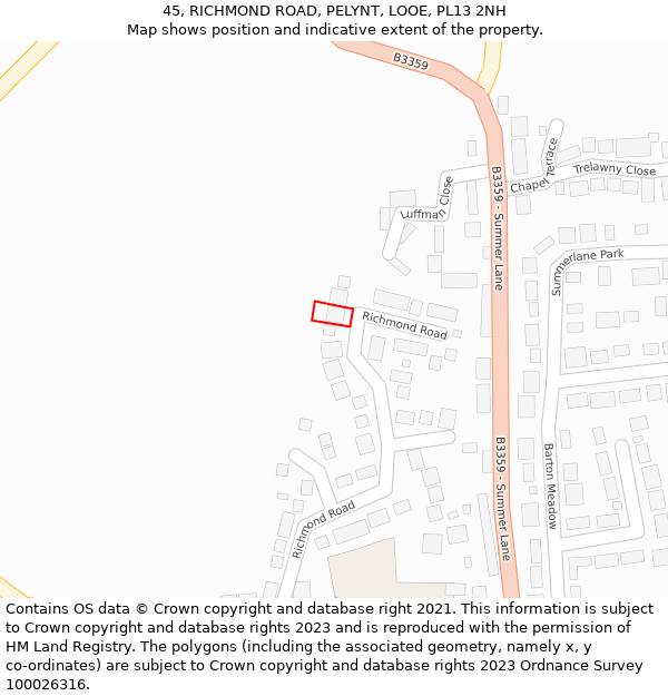 45, RICHMOND ROAD, PELYNT, LOOE, PL13 2NH: Location map and indicative extent of plot