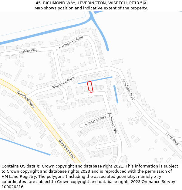 45, RICHMOND WAY, LEVERINGTON, WISBECH, PE13 5JX: Location map and indicative extent of plot