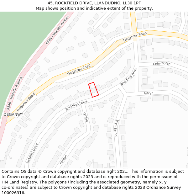 45, ROCKFIELD DRIVE, LLANDUDNO, LL30 1PF: Location map and indicative extent of plot