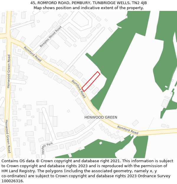 45, ROMFORD ROAD, PEMBURY, TUNBRIDGE WELLS, TN2 4JB: Location map and indicative extent of plot