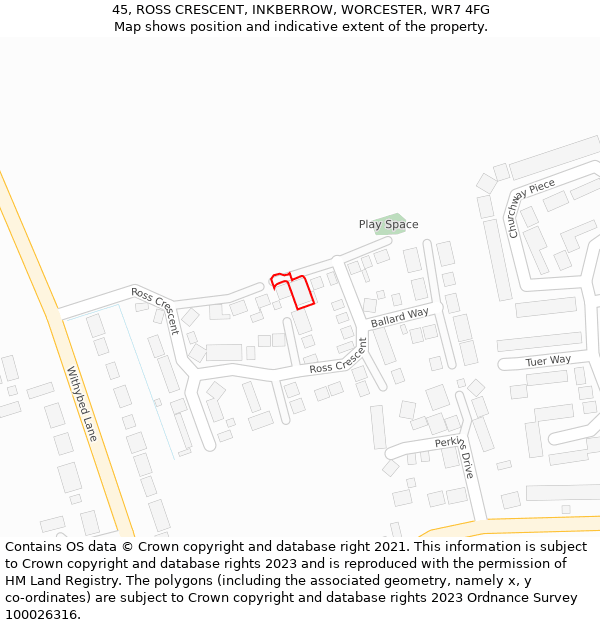 45, ROSS CRESCENT, INKBERROW, WORCESTER, WR7 4FG: Location map and indicative extent of plot