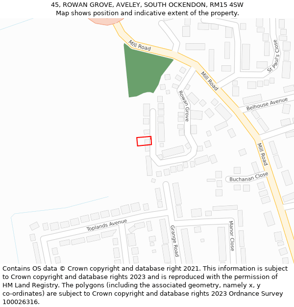 45, ROWAN GROVE, AVELEY, SOUTH OCKENDON, RM15 4SW: Location map and indicative extent of plot