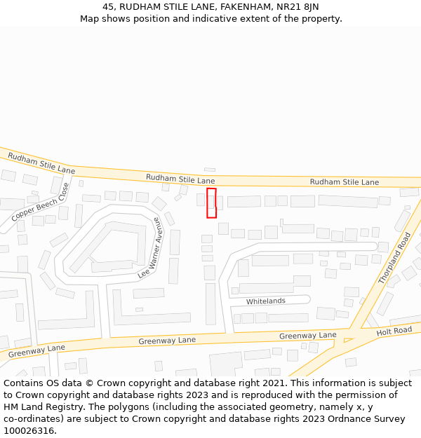 45, RUDHAM STILE LANE, FAKENHAM, NR21 8JN: Location map and indicative extent of plot
