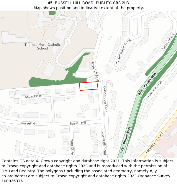 45, RUSSELL HILL ROAD, PURLEY, CR8 2LD: Location map and indicative extent of plot