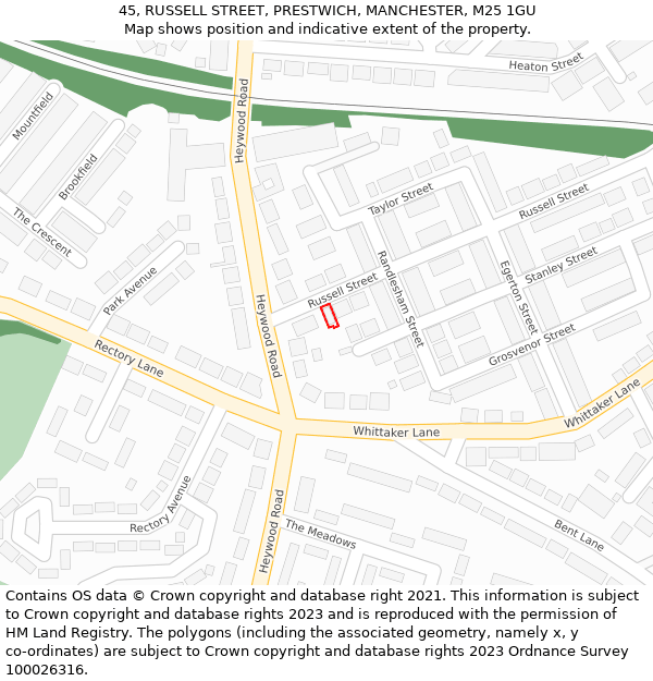 45, RUSSELL STREET, PRESTWICH, MANCHESTER, M25 1GU: Location map and indicative extent of plot