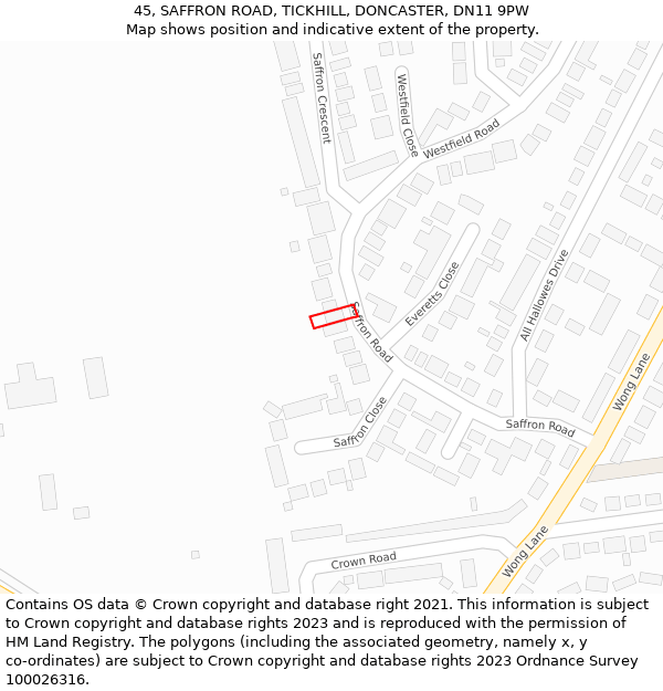 45, SAFFRON ROAD, TICKHILL, DONCASTER, DN11 9PW: Location map and indicative extent of plot