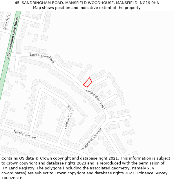 45, SANDRINGHAM ROAD, MANSFIELD WOODHOUSE, MANSFIELD, NG19 9HN: Location map and indicative extent of plot