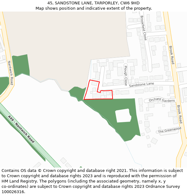 45, SANDSTONE LANE, TARPORLEY, CW6 9HD: Location map and indicative extent of plot