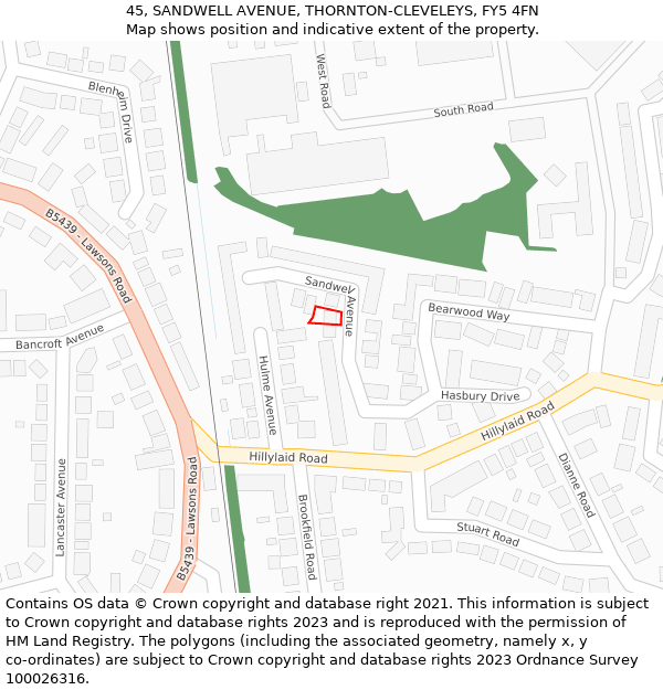 45, SANDWELL AVENUE, THORNTON-CLEVELEYS, FY5 4FN: Location map and indicative extent of plot