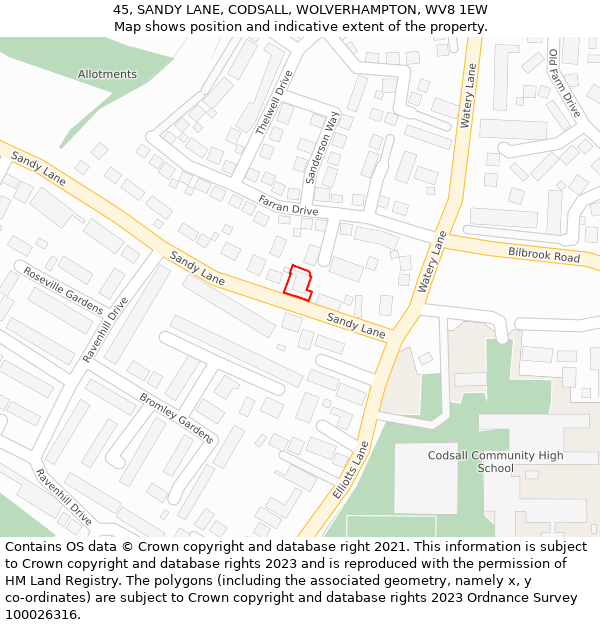 45, SANDY LANE, CODSALL, WOLVERHAMPTON, WV8 1EW: Location map and indicative extent of plot