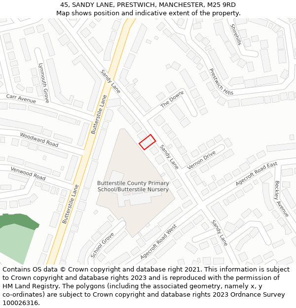 45, SANDY LANE, PRESTWICH, MANCHESTER, M25 9RD: Location map and indicative extent of plot