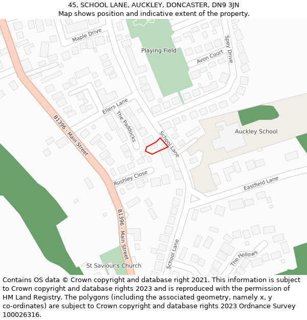 45, SCHOOL LANE, AUCKLEY, DONCASTER, DN9 3JN: Location map and indicative extent of plot