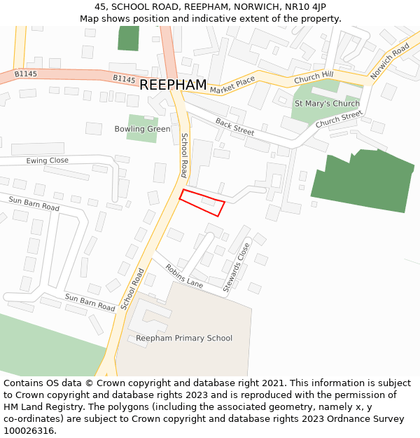 45, SCHOOL ROAD, REEPHAM, NORWICH, NR10 4JP: Location map and indicative extent of plot