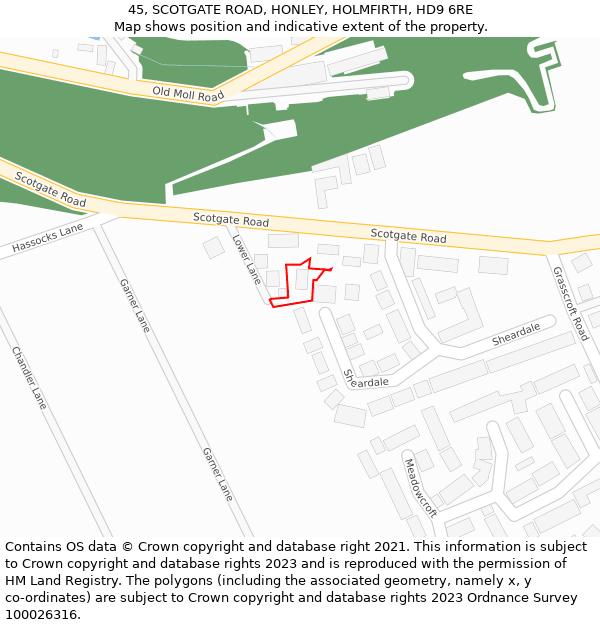 45, SCOTGATE ROAD, HONLEY, HOLMFIRTH, HD9 6RE: Location map and indicative extent of plot