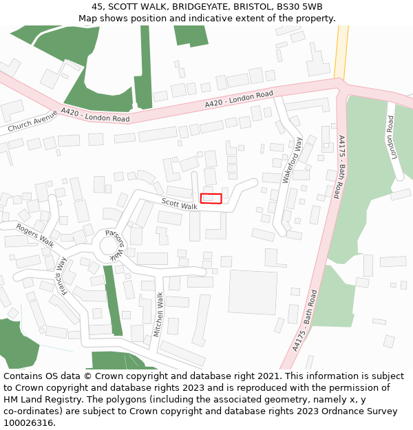 45, SCOTT WALK, BRIDGEYATE, BRISTOL, BS30 5WB: Location map and indicative extent of plot