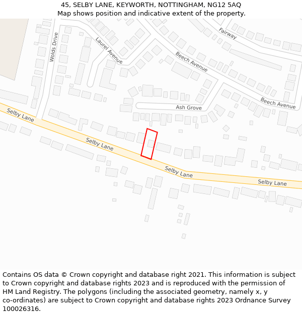 45, SELBY LANE, KEYWORTH, NOTTINGHAM, NG12 5AQ: Location map and indicative extent of plot