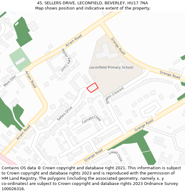 45, SELLERS DRIVE, LECONFIELD, BEVERLEY, HU17 7NA: Location map and indicative extent of plot