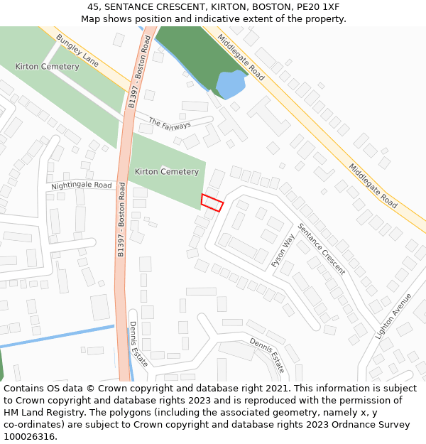 45, SENTANCE CRESCENT, KIRTON, BOSTON, PE20 1XF: Location map and indicative extent of plot