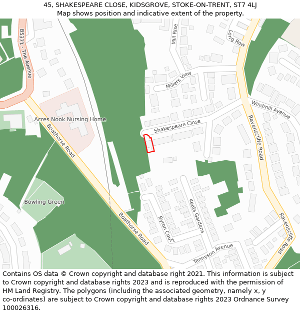 45, SHAKESPEARE CLOSE, KIDSGROVE, STOKE-ON-TRENT, ST7 4LJ: Location map and indicative extent of plot