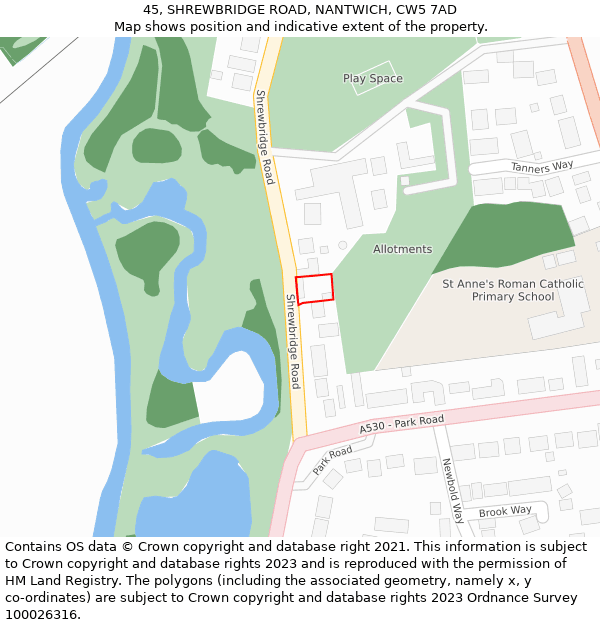 45, SHREWBRIDGE ROAD, NANTWICH, CW5 7AD: Location map and indicative extent of plot