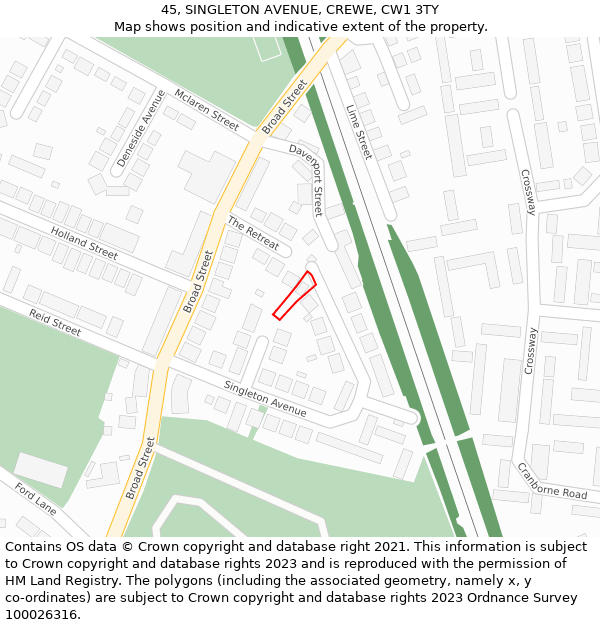 45, SINGLETON AVENUE, CREWE, CW1 3TY: Location map and indicative extent of plot