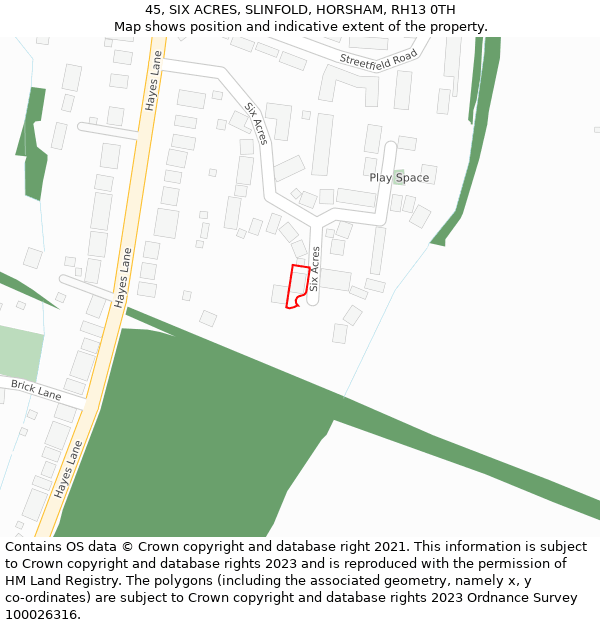 45, SIX ACRES, SLINFOLD, HORSHAM, RH13 0TH: Location map and indicative extent of plot