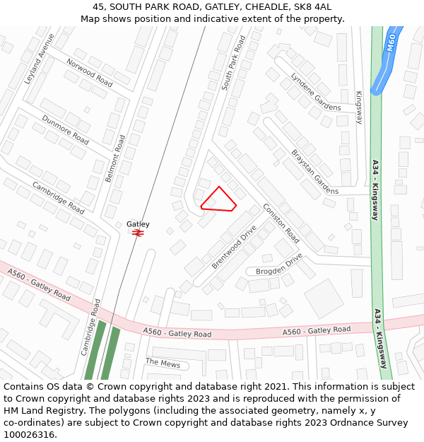 45, SOUTH PARK ROAD, GATLEY, CHEADLE, SK8 4AL: Location map and indicative extent of plot