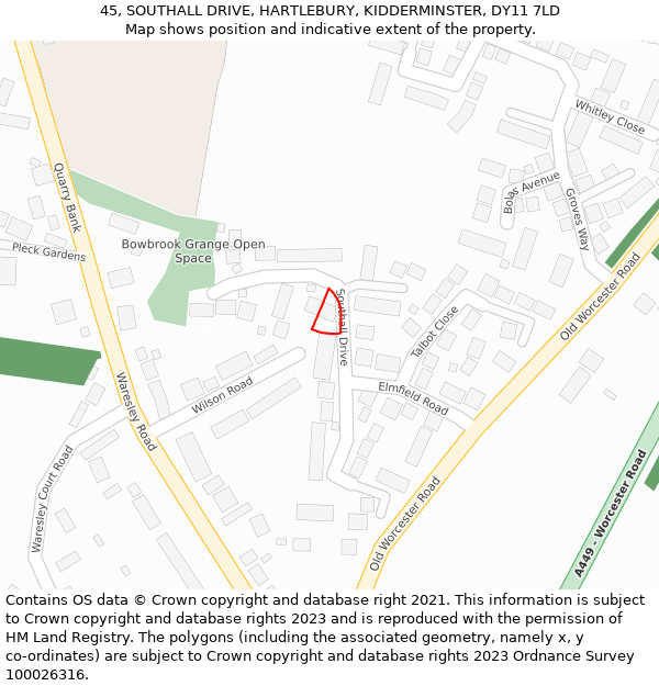 45, SOUTHALL DRIVE, HARTLEBURY, KIDDERMINSTER, DY11 7LD: Location map and indicative extent of plot
